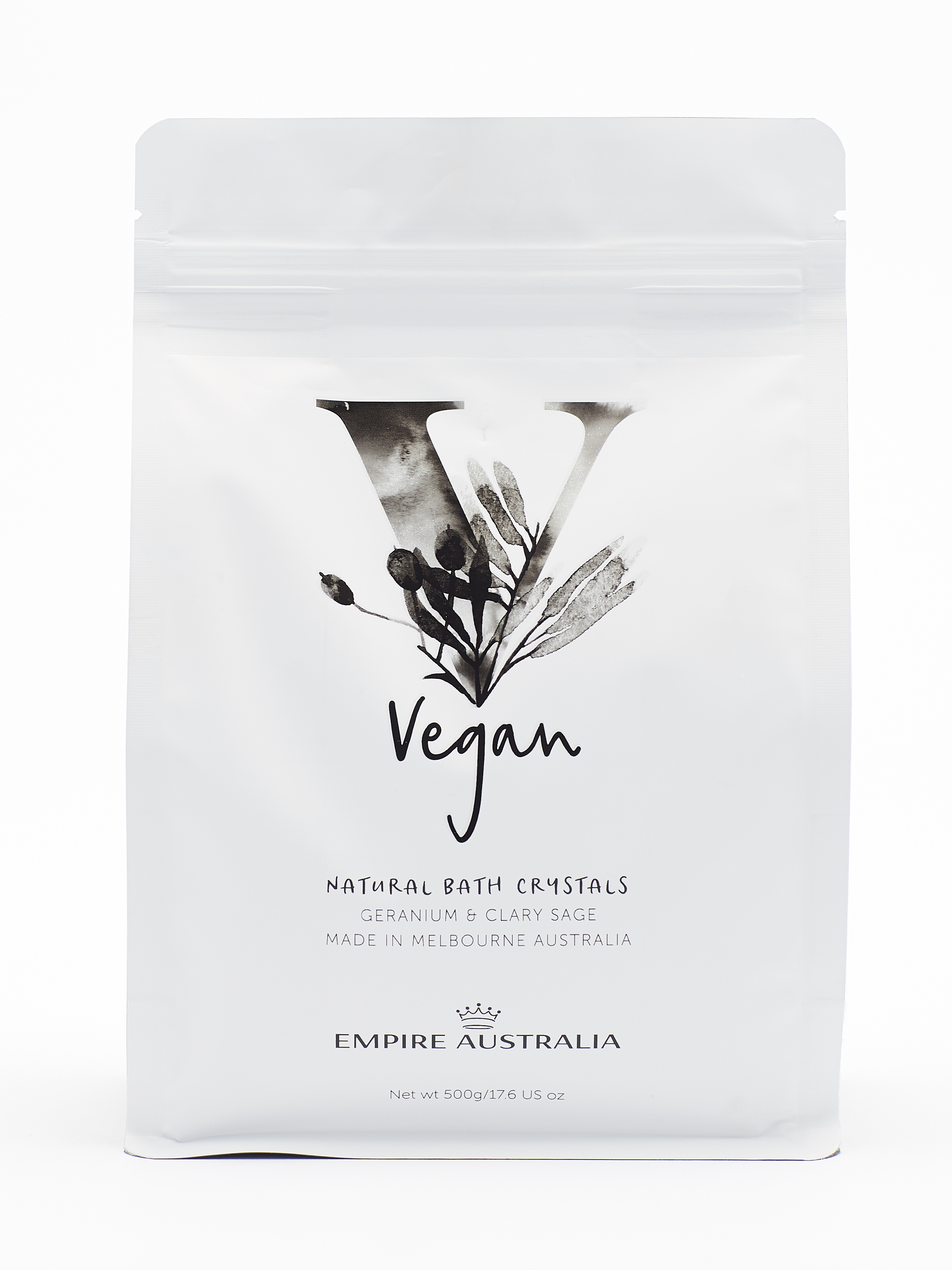 Кристаллы для ванны EMPIRE AUSTRALIA с маслами герани и мускатного шалфея, коллекция VEGAN, 500гр