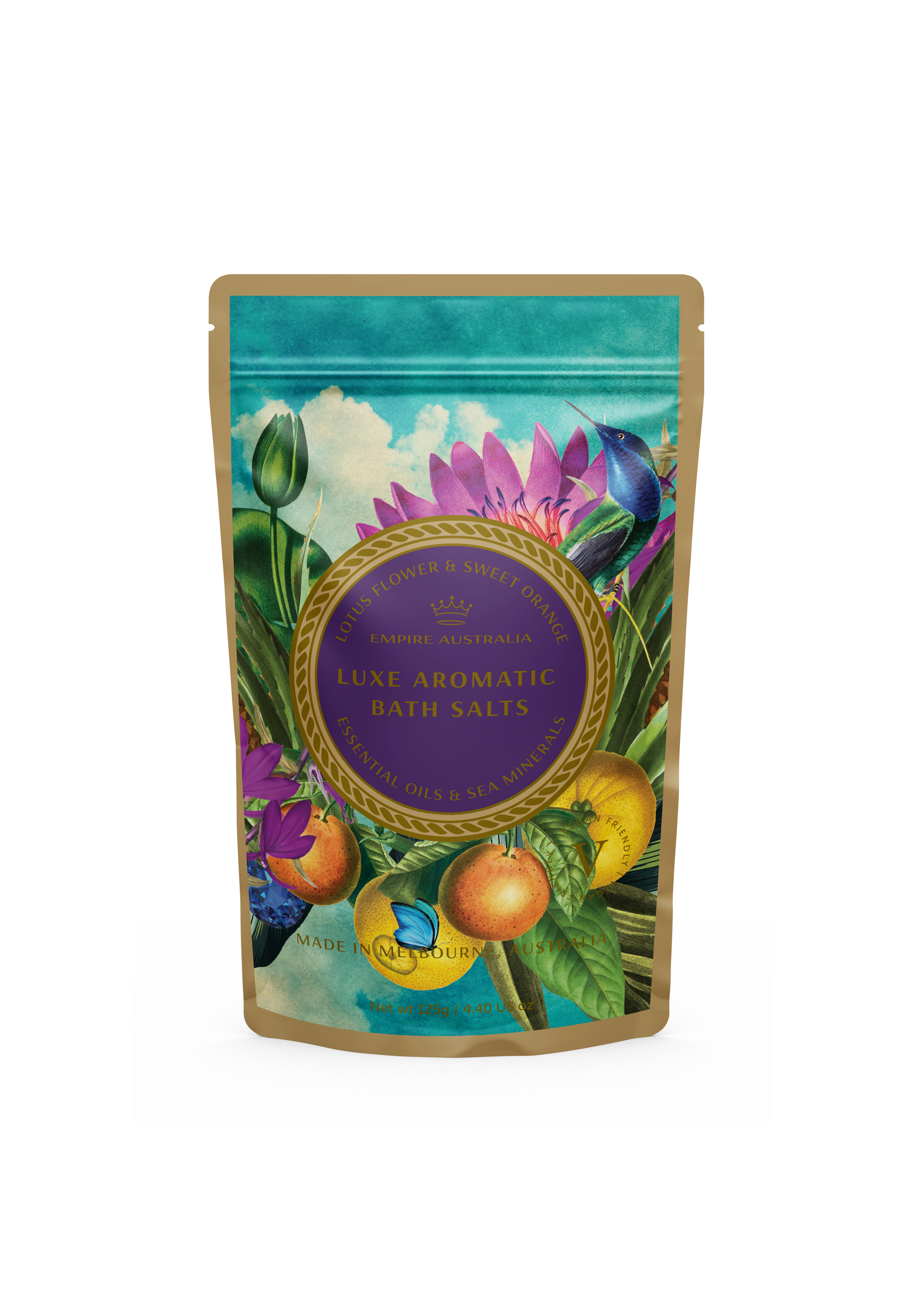 Срок: 07.2026. Соль для ванны EMPIRE AUSTRALIA с маслами цветка лотоса и сладкого апельсина, 125г