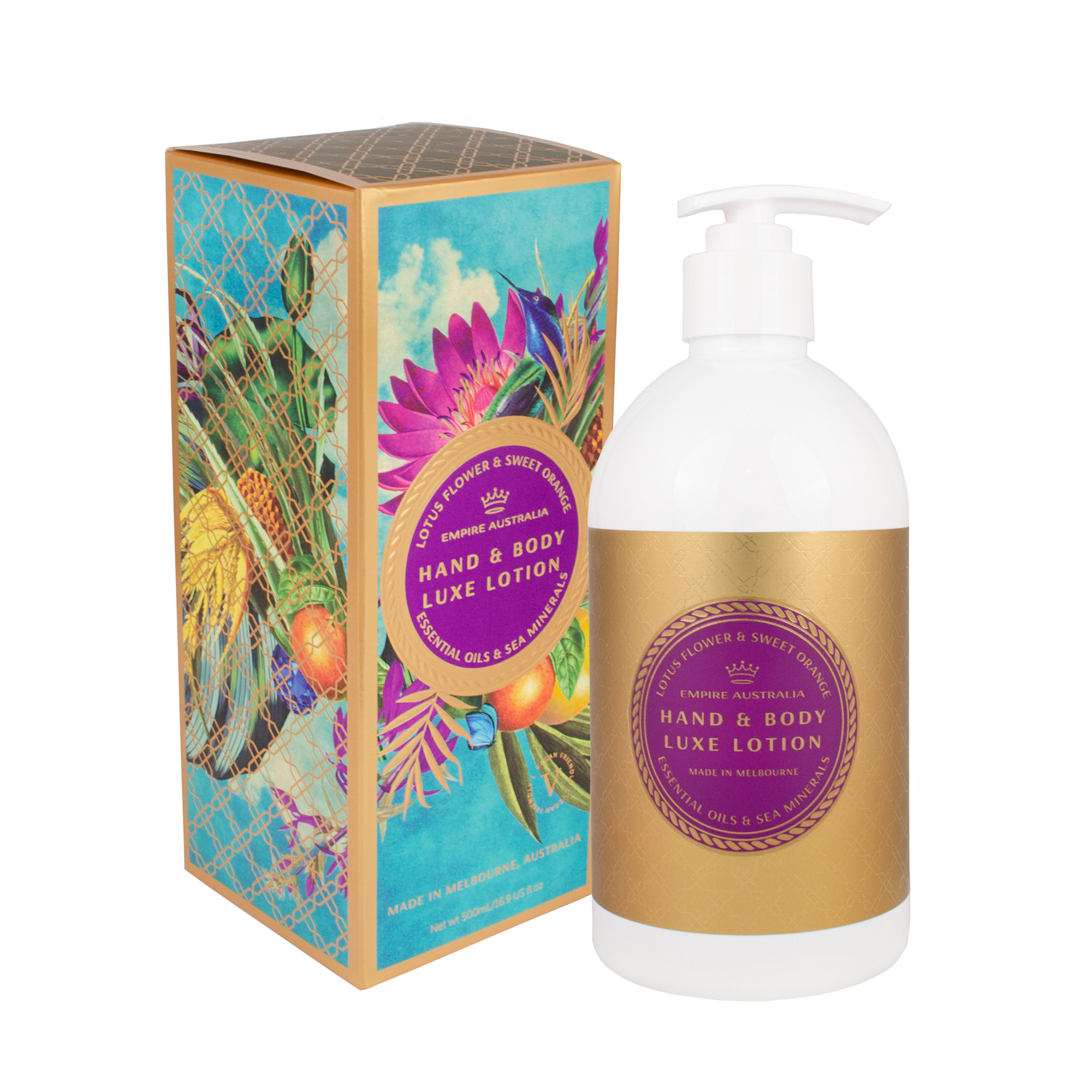 Срок: 03.2026. Лосьон для рук и тела EMPIRE AUSTRALIA с маслами цветка лотоса и сладкого апельсина, 500мл